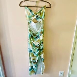 HELLO MOLLY GREEN BLUE MARBLE CUT OUT TIE NECK MAXI DRESS WITH SIDE SLIT…